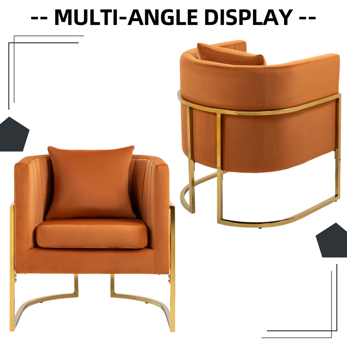 Velvet Accent Barrel Chairs Set of 2, Modern Arm Club Chair Set with Pillow for Living Room/Bedroom/Guest Reception, Channel Tufted, Gold Finish Base, Orange