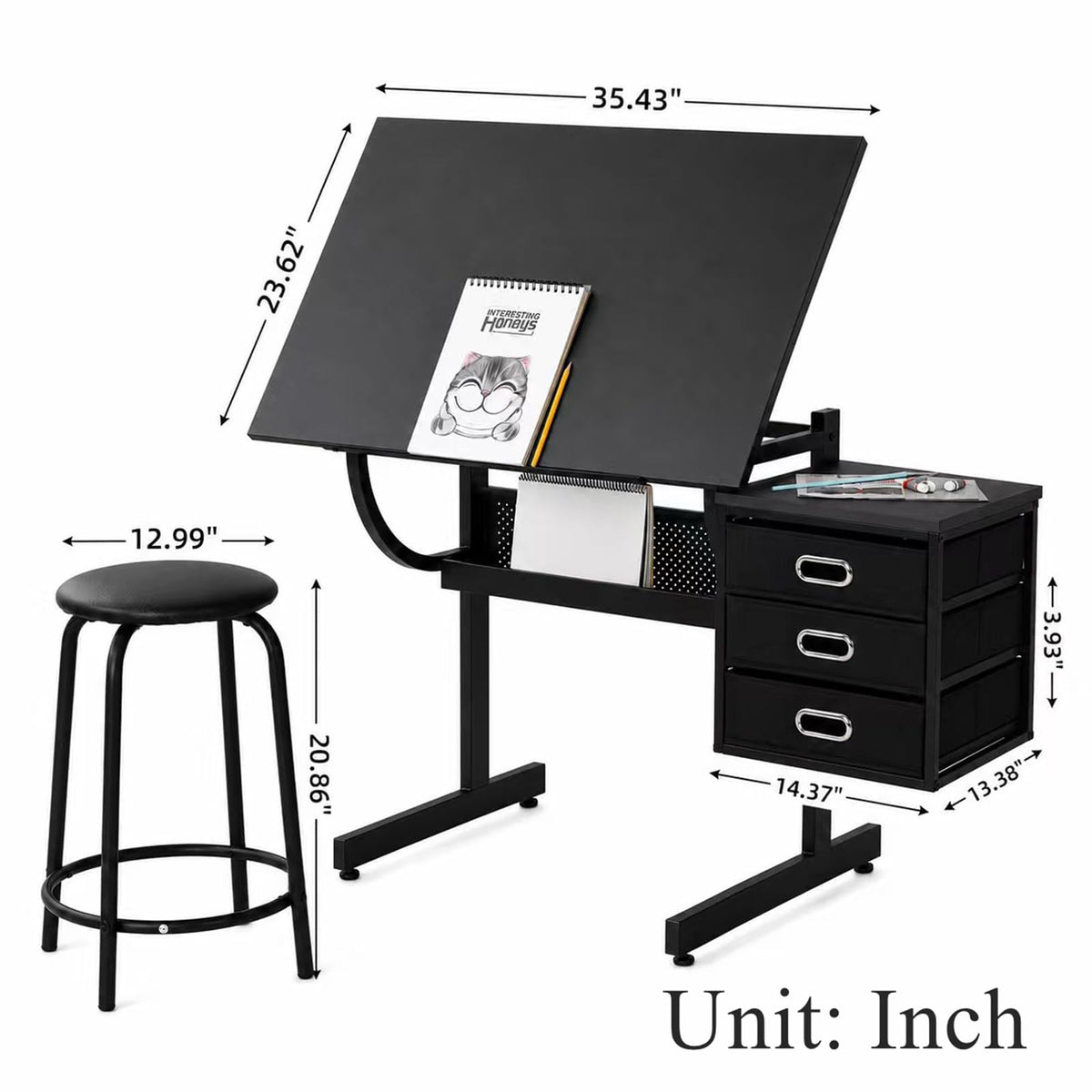 Drafting Table, Height Adjustable Art Table with Stool,T1-All White