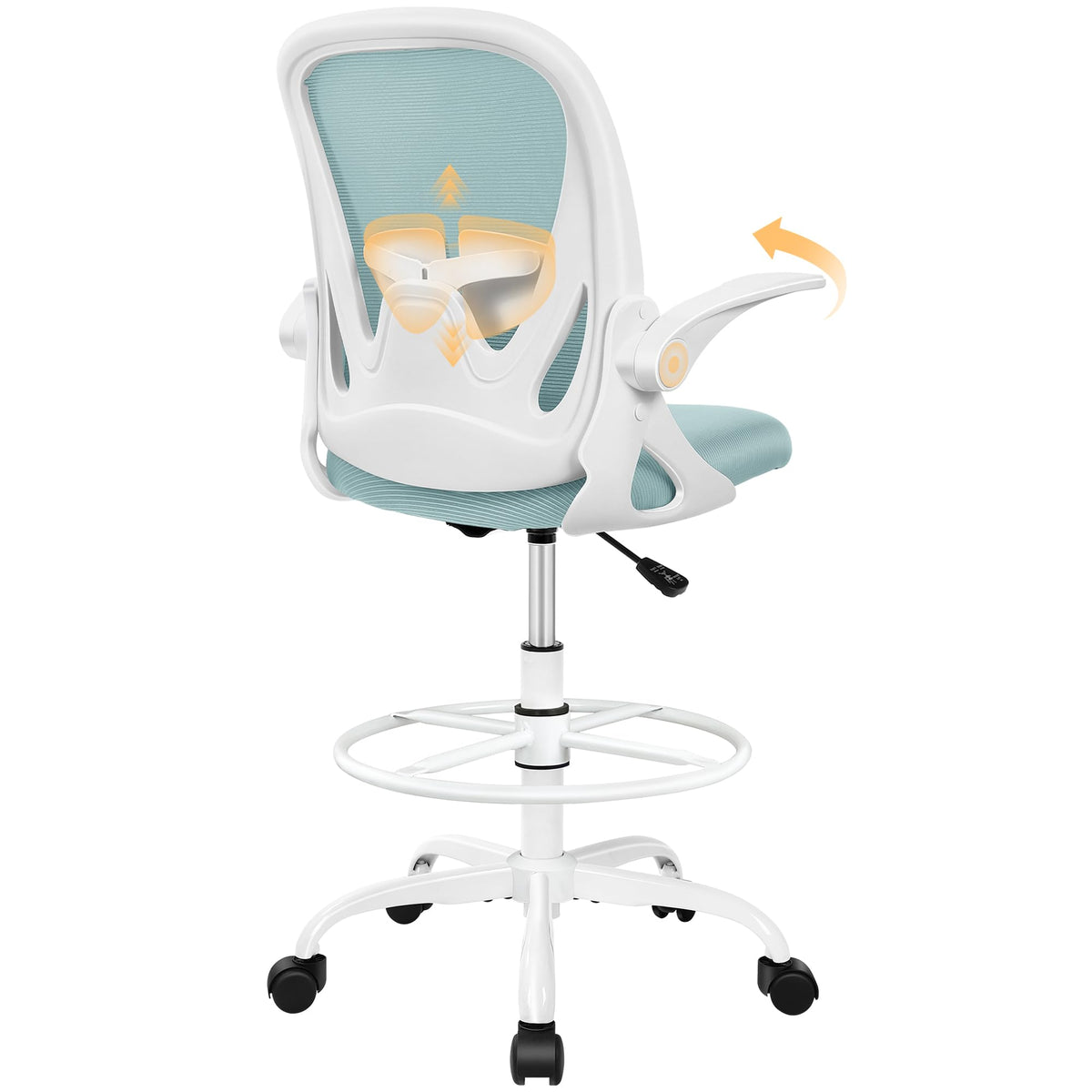Drafting Chair Tall Office Chair with Flip-up Armrests, Adjustable Height, and Enhanced Lumbar Support - Ergonomic Rolling Stool, Back Support, and Adjustable Foot Rest Ring for Standing Desk White
