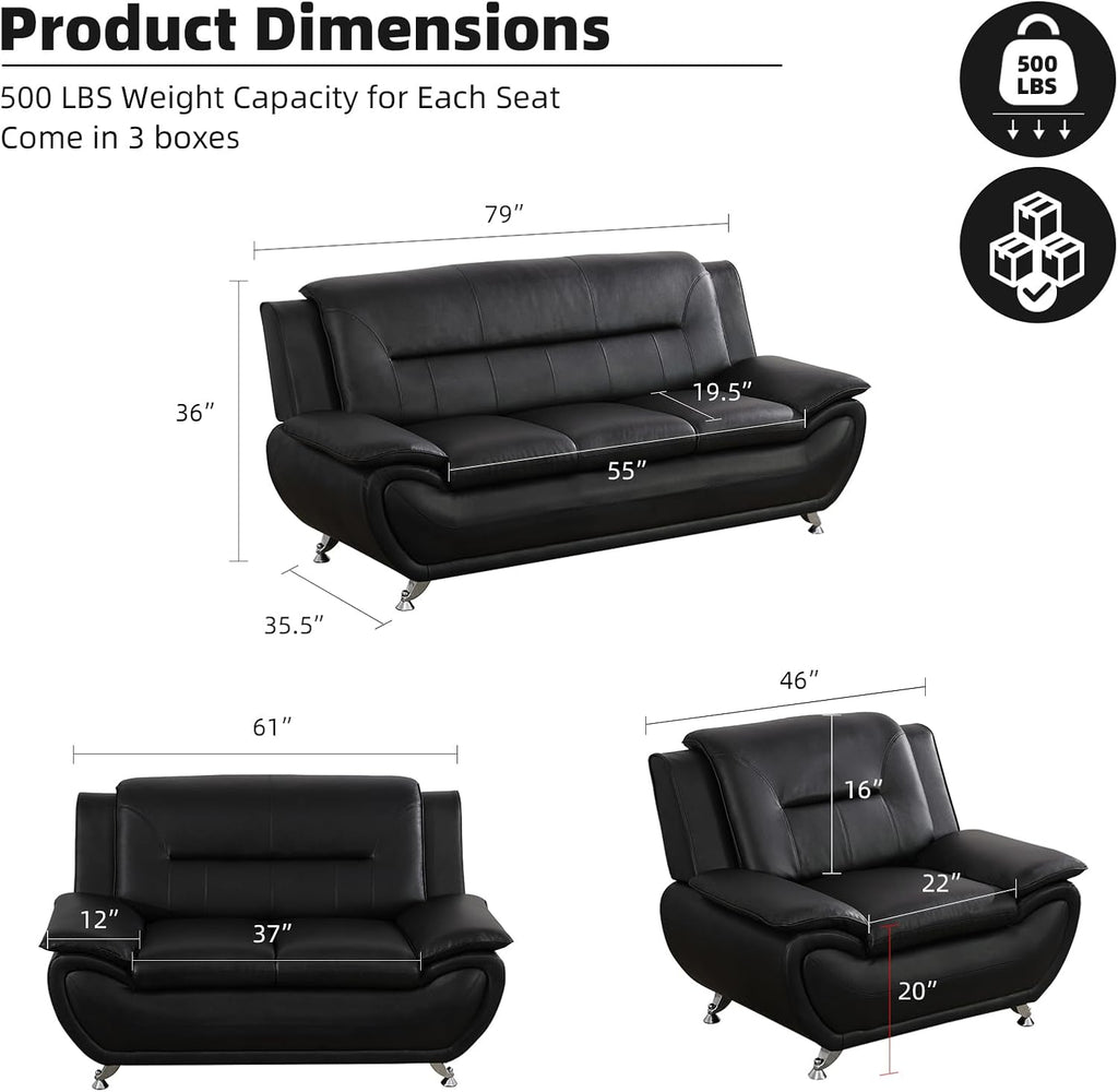 Modern Leather Sofa Set, Living Room Furniture, 3 - Piece Couch Set, Faux Leather Couch Loveseat Chair Set with Sturdy Legs for Living Room/Bedroom/Office,Black