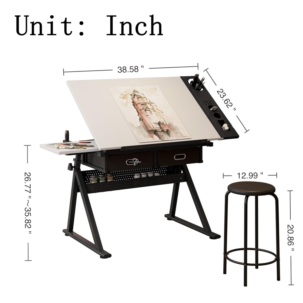 Height Adjustable Art Table Drafting Table with Stool, Rustic