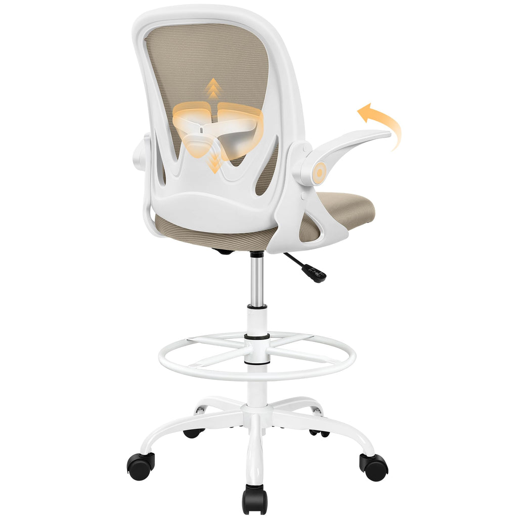 Drafting Chair Tall Office Chair with Flip-up Armrests, Adjustable Height, and Enhanced Lumbar Support - Ergonomic Rolling Stool, Back Support, and Adjustable Foot Rest Ring for Standing Desk White