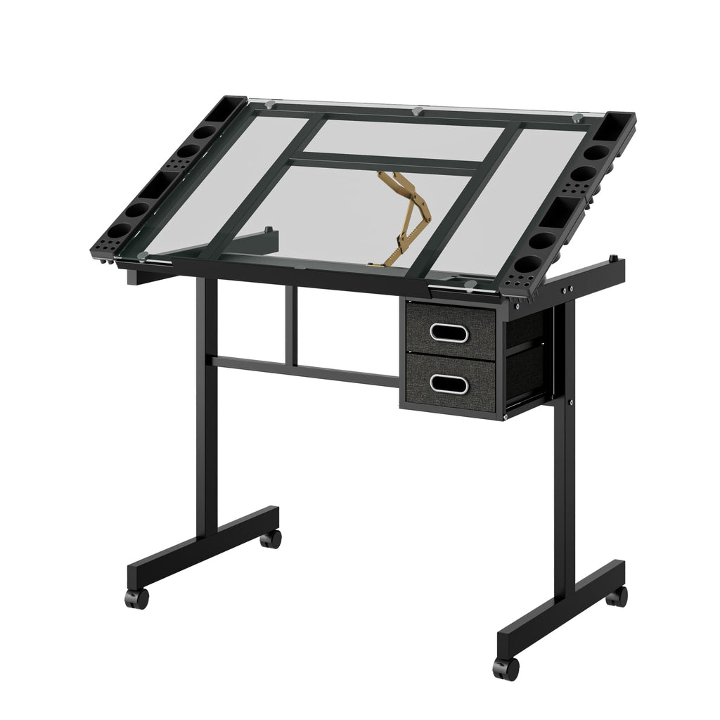 White Drafting Table with Stool, Height Adjustable Art Craft Desk with Tilting Tempered Glass Tabletop, Expansion Board, Multi-Storage, Drawing Table for Studio, Artists, Home Office, Painters, White