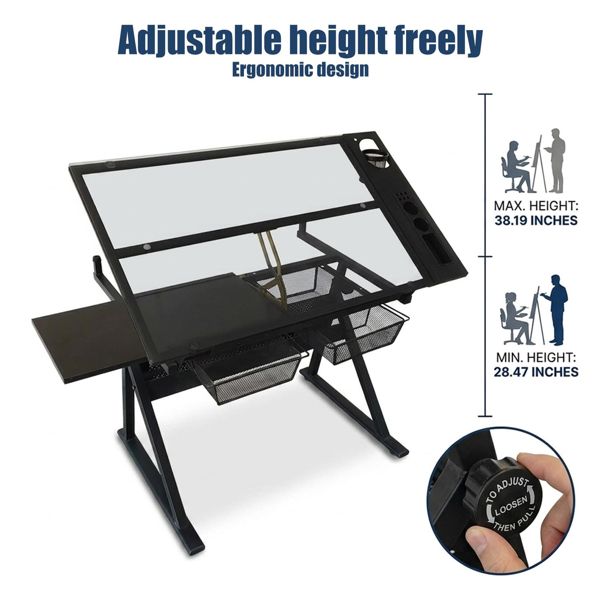Adjustable Drafting Table, Tiltable Art Drawing Desk with 2 Storage Drawers & Stool, Multi-Functional Art Workstation for Artist Painting Craft Reading Writing (Black-B)