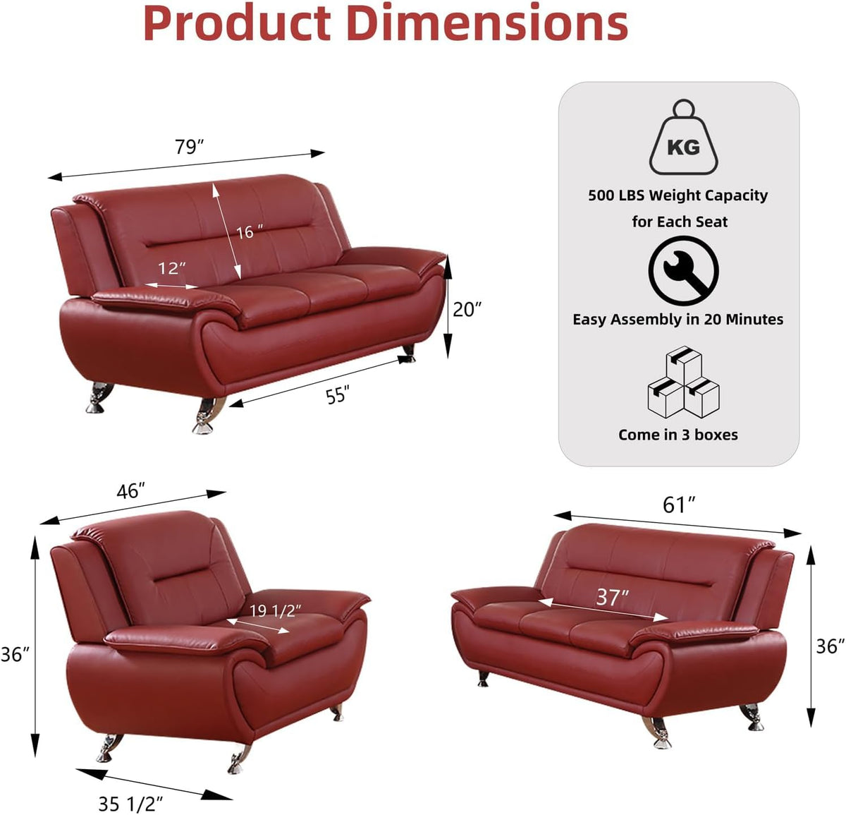 Modern Leather Sofa Set, Living Room Furniture, 3 - Piece Couch Set, Faux Leather Couch Loveseat Chair Set with Sturdy Legs for Living Room/Bedroom/Office,Black
