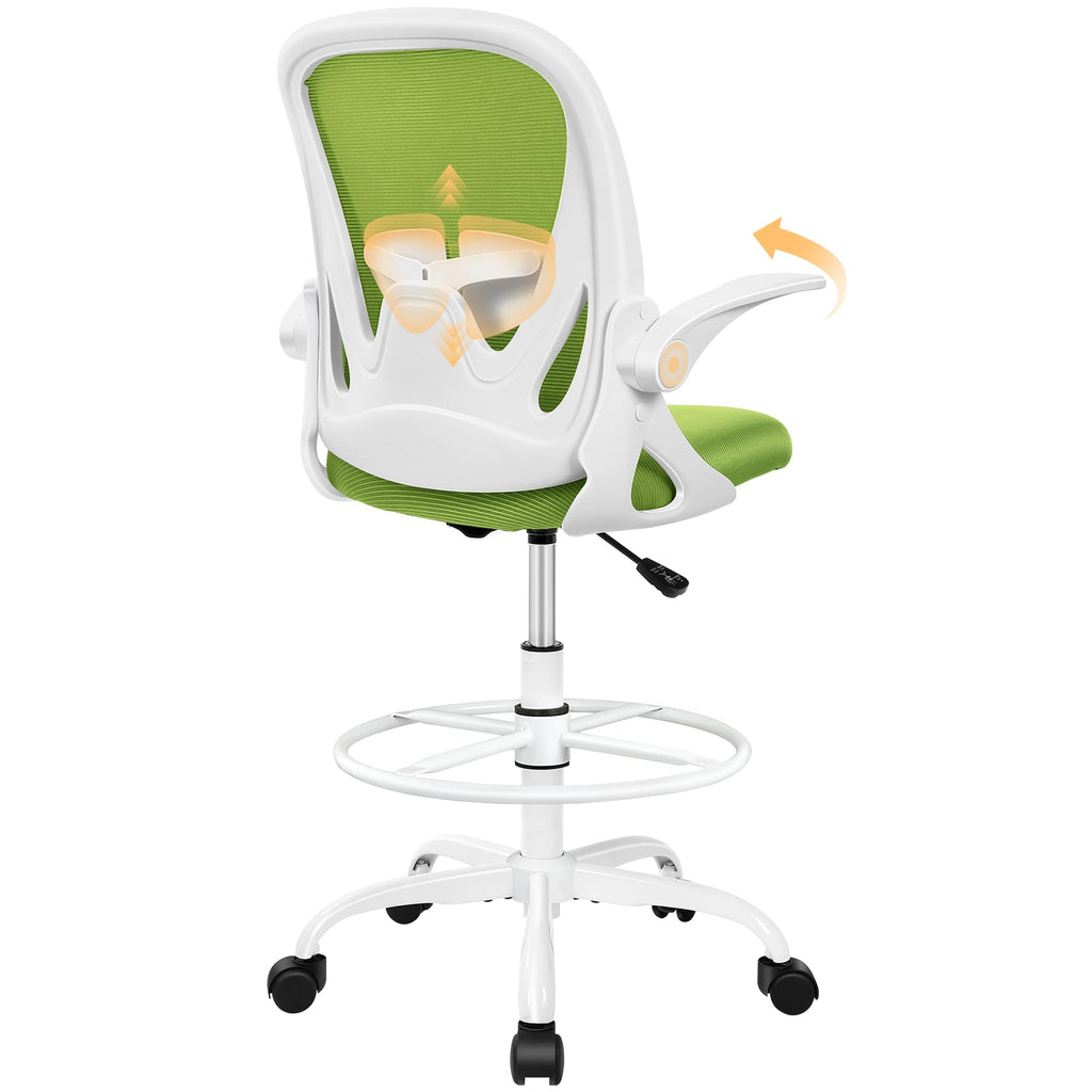 Drafting Chair Tall Office Chair with Flip-up Armrests, Adjustable Height, and Enhanced Lumbar Support - Ergonomic Rolling Stool, Back Support, and Adjustable Foot Rest Ring for Standing Desk White