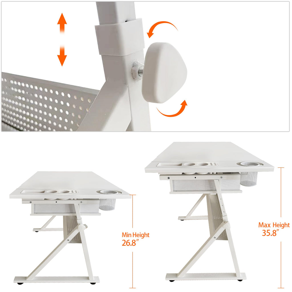 Height Adjustable Drafting Art Table for Adults, White Tempered Glass Drafting Drawing Printing Table Desk with Stool, 0-75Â° Tilting Tabletop Art Drawing Table for Drawing,Hand Crank