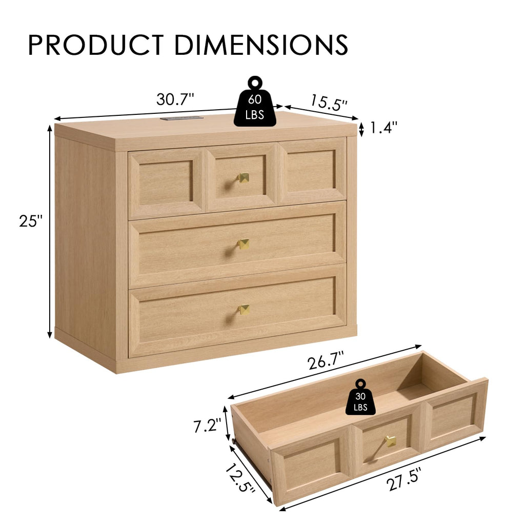 3 Drawers Nightstand Set of 2 W/Charging Station, 30.7" W King Size Bedside Table with 3 Drawers, Accent End Table W/Large Storage, Modern Wood Side Table for Bedroom,Office (2 Pieces, Gray Black)