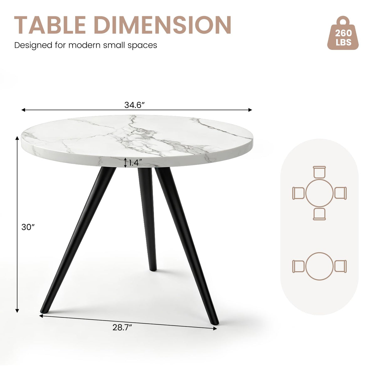 34.6" Round Dining Table Set for 4, Modern Kitchen Coffee Table Set, Walnut