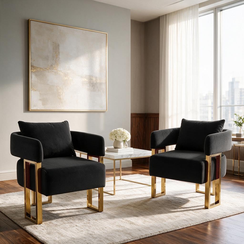 YISHENG Modern Barrel Accent Chairs Set of 2, Living Room Side Chairs with Golden Metal Legs Soft Upholstered Reading Armchairs no Wheels for Vanity/Reception Room//Bedroom/Lounge/Office,Black Teddy