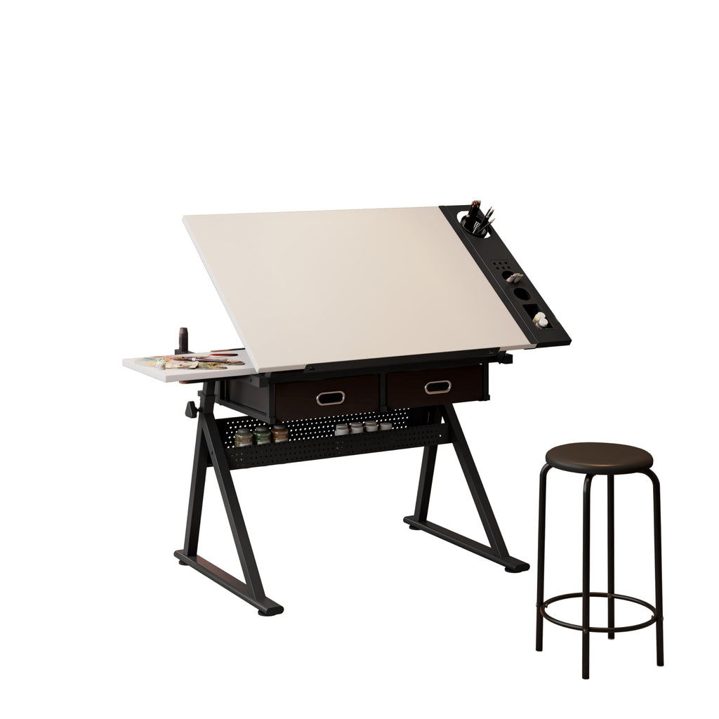 Adjustable Drafting Table with Stool, 0-75Â° Tilting Art Desk, White