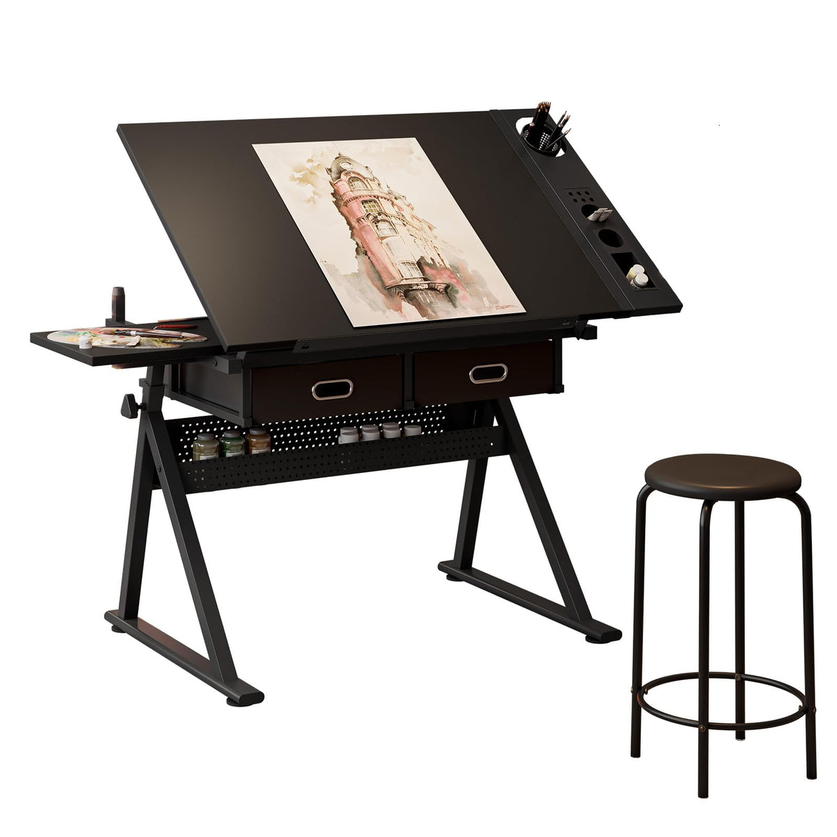 Drafting Table and Stool Set for Adults/Artists, Drawing Table with Adjustable Tabletop and Height, Art Workstation for Painters Crafting Reading Writing Home Office, All White