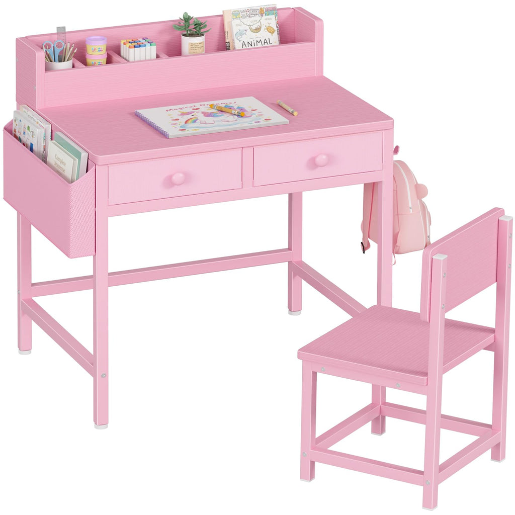 BOLUO White Kids Desk and Chair Set for 5-8 Year Old, Small Child Desk with Fabric Drawer, Children Study Table with Storage Toddler Girls Boys