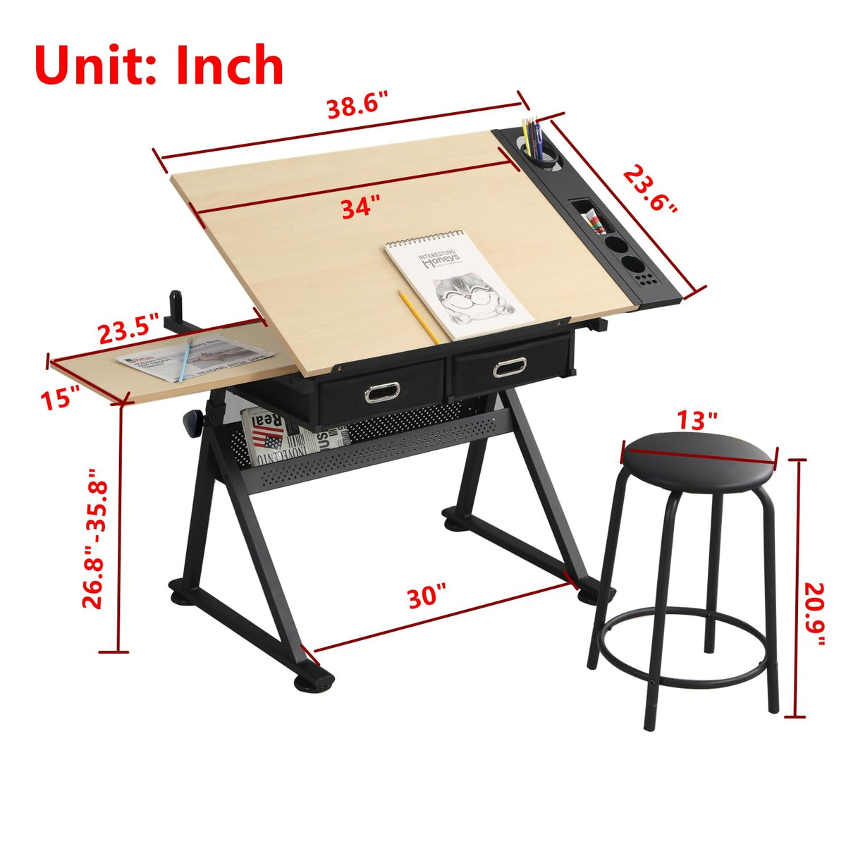 Height Adjustable Art Table Drafting Table with Stool, Rustic
