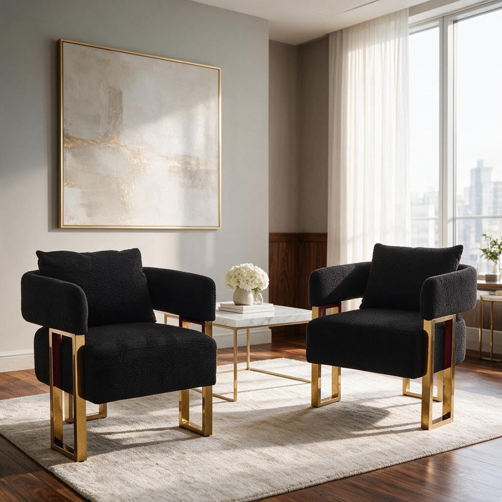 YISHENG Modern Barrel Accent Chairs Set of 2, Living Room Side Chairs with Golden Metal Legs Soft Upholstered Reading Armchairs no Wheels for Vanity/Reception Room//Bedroom/Lounge/Office,Black Teddy