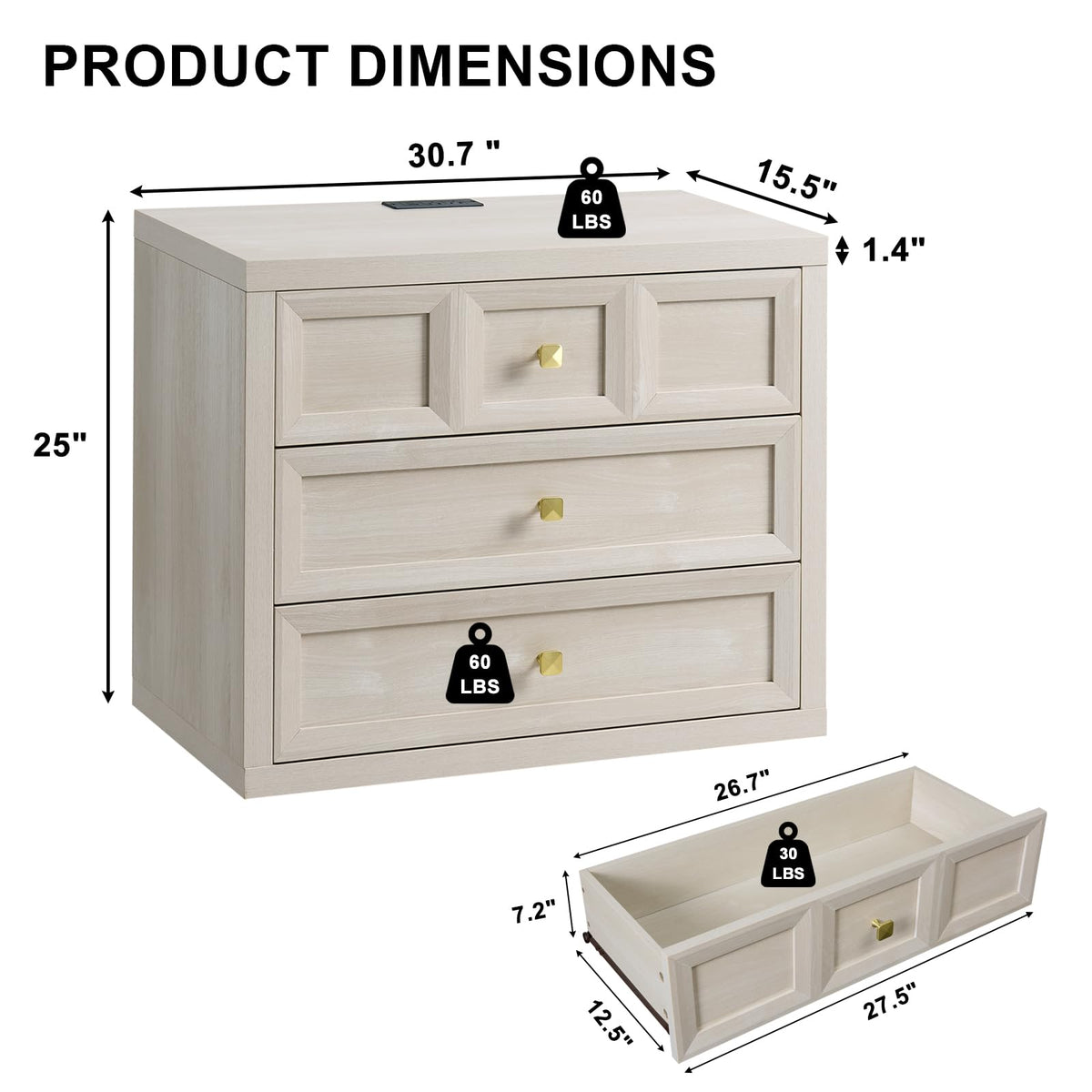 3 Drawers Nightstand Set of 2 W/Charging Station, 30.7" W King Size Bedside Table with 3 Drawers, Accent End Table W/Large Storage, Modern Wood Side Table for Bedroom,Office (2 Pieces, Gray Black)