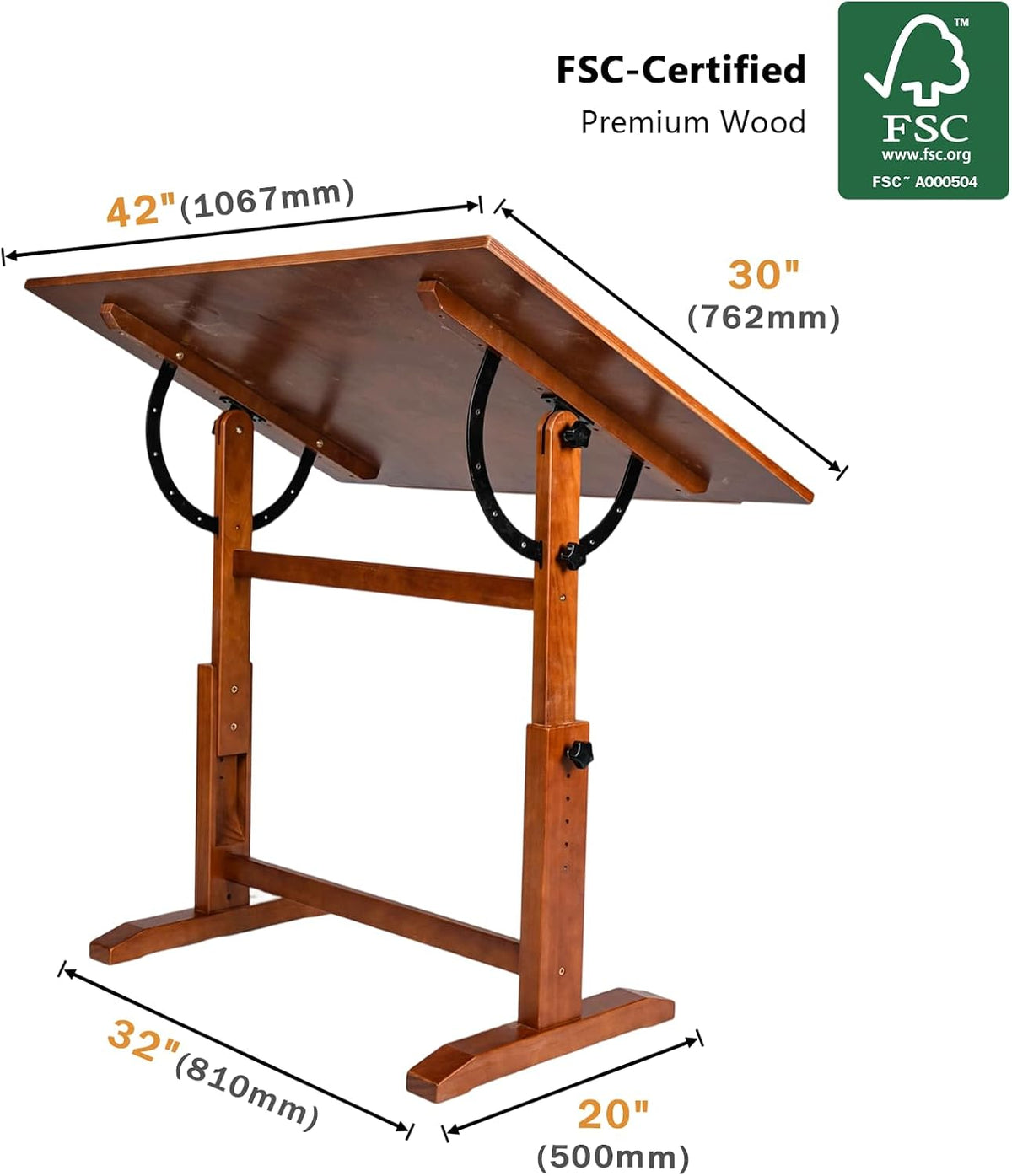 DJAR 42x30 Adjustable Wooden Drafting Table & Art Drawing Desk, Walnut
