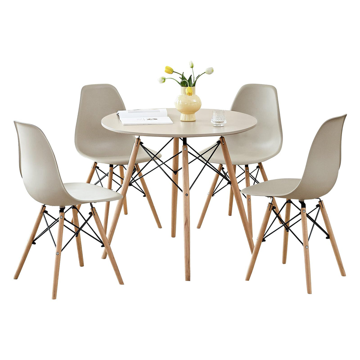 5-Piece Round Dining Set, 35.5" Black Table & Light Gray Chair