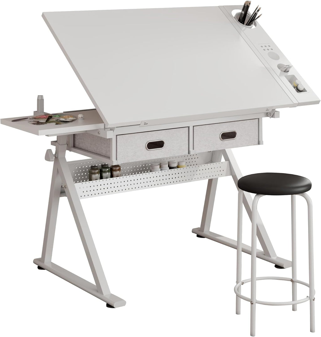 Adjustable Drafting Table with Stool, 0-75Â° Tilting Art Desk, White