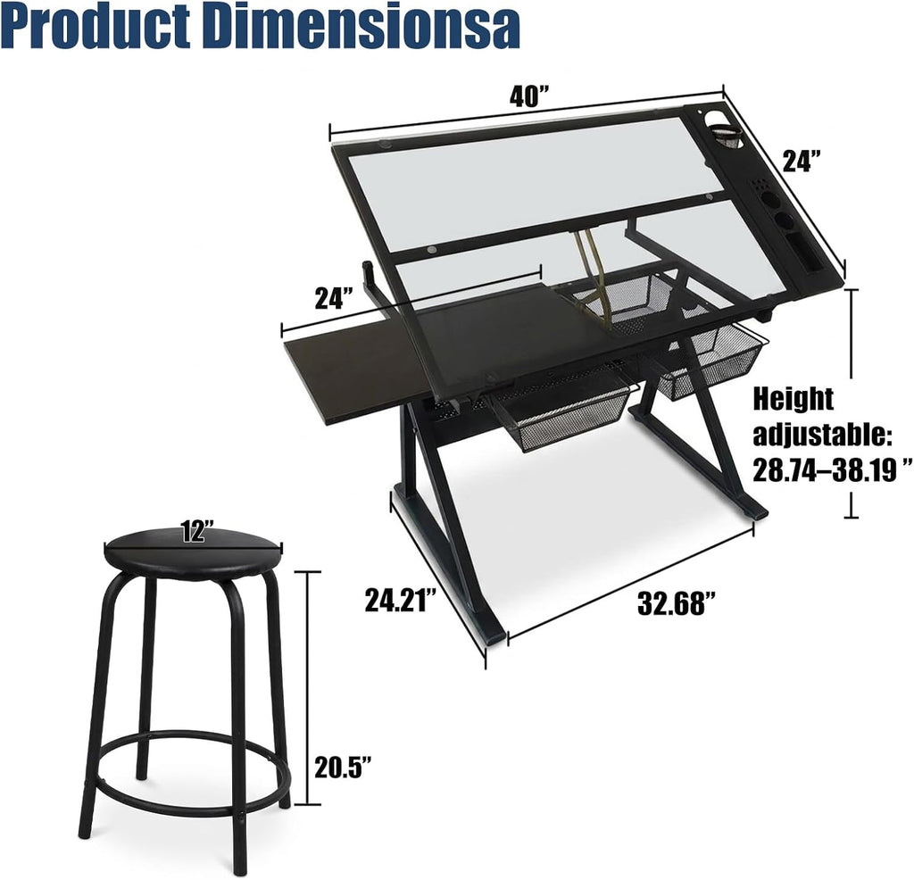 Adjustable Drafting Table, Tiltable Art Drawing Desk with 2 Storage Drawers & Stool, Multi-Functional Art Workstation for Artist Painting Craft Reading Writing (Black-B)