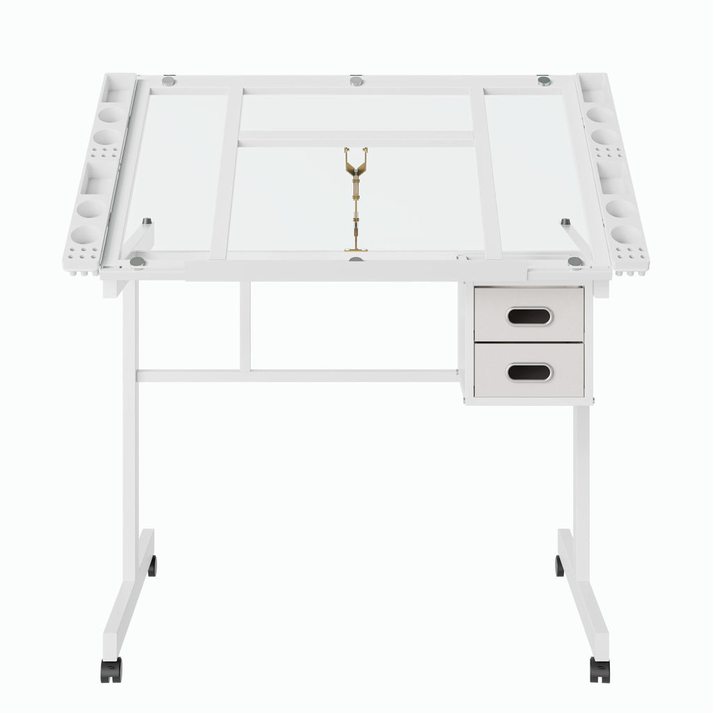 Adjustable Drafting Table with Stool, 0-75Â° Tilting Art Desk, White