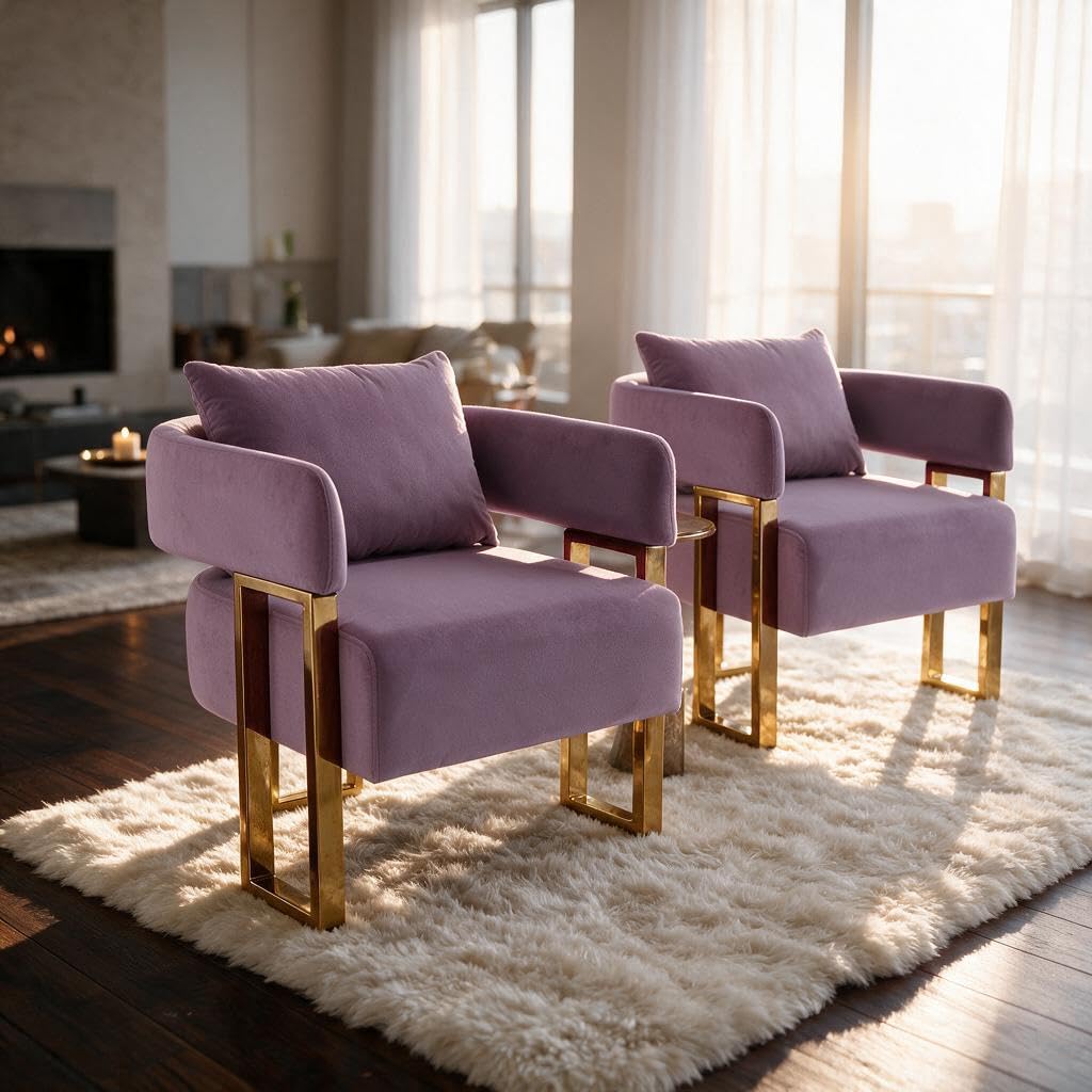 YISHENG Modern Barrel Accent Chairs Set of 2, Living Room Side Chairs with Golden Metal Legs Soft Upholstered Reading Armchairs no Wheels for Vanity/Reception Room//Bedroom/Lounge/Office,Black Teddy