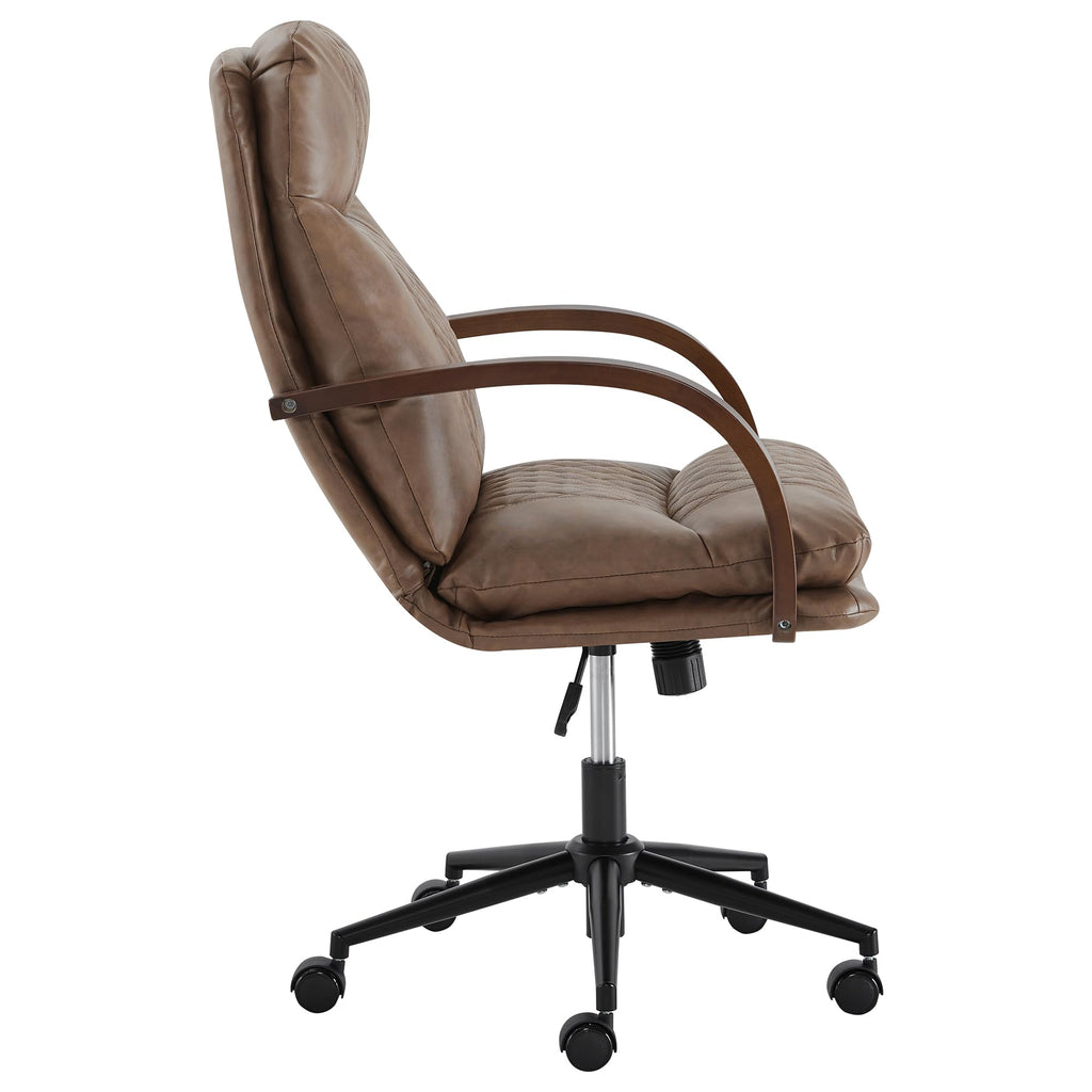 KISLOT Home Office Desk Chair, Ergonomic Office Chair with Lumbar Support, Adjustable Swivel Computer Chair with Wheels, Faux Leather Executive Task Chair with Wood Arms, Set of 2, Brown