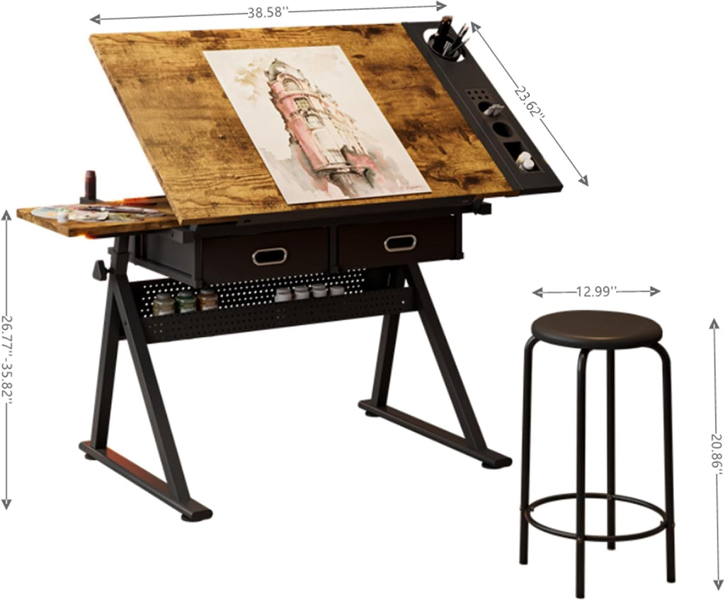Height Adjustable Drafting Table with Stool, 0-75Â° Tilting Drawing Desk Artist Desk with 2 Storage Drawers, Watercolor Art Workstation for Home Office Drawing, Painting, Crafting, Writing, Sketching