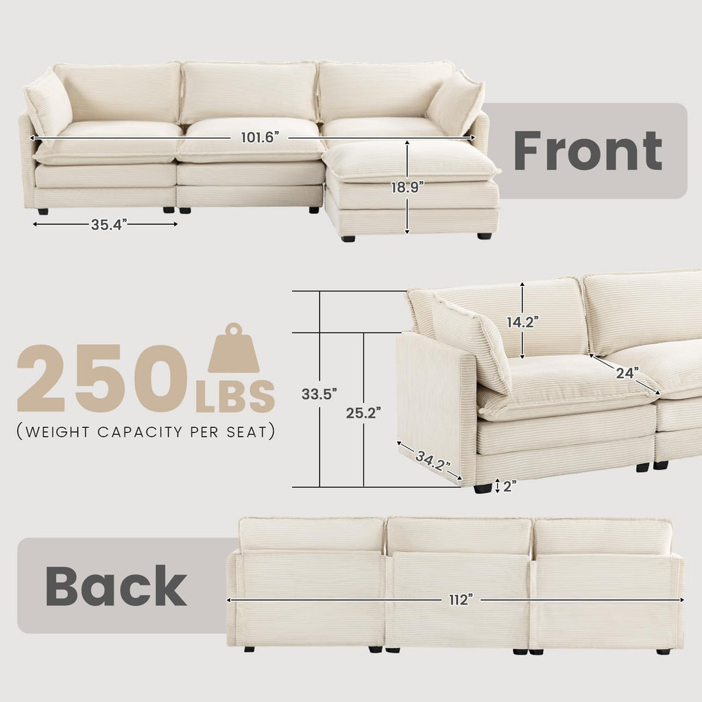 ROWHY 41'' Single Armchair with Ottoman, Modern Corduroy Cloud Couch with Convertible Chaise, Upholstered Sofa Set for Living Room, Green