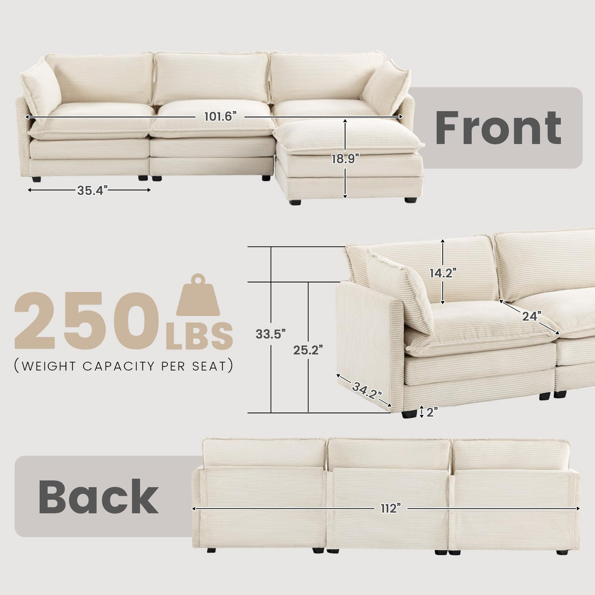 ROWHY 41'' Single Armchair with Ottoman, Modern Corduroy Cloud Couch with Convertible Chaise, Upholstered Sofa Set for Living Room, Green
