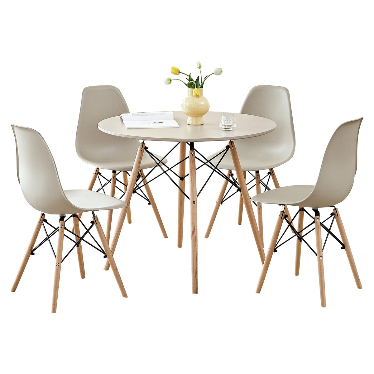 5-Piece Round Dining Set, 35.5" Black Table & Light Gray Chair