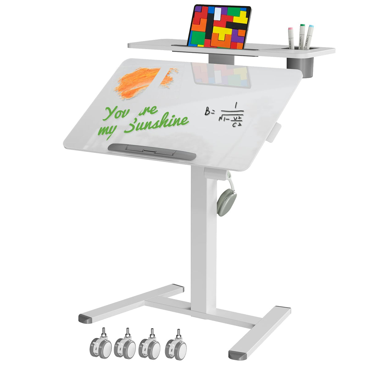28" Mobile Standing Desk, Tiltable Top with 2-Tier Shelves, White