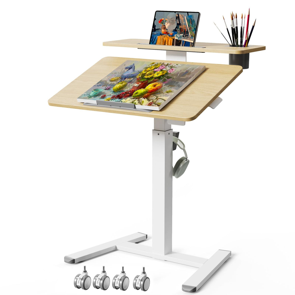 28" Mobile Standing Desk, Tiltable Top with 2-Tier Shelves, White
