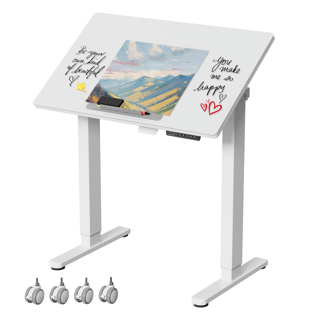 35" Glass Standing Desk, 90Â° Tilt Height Adjustable Drafting Table