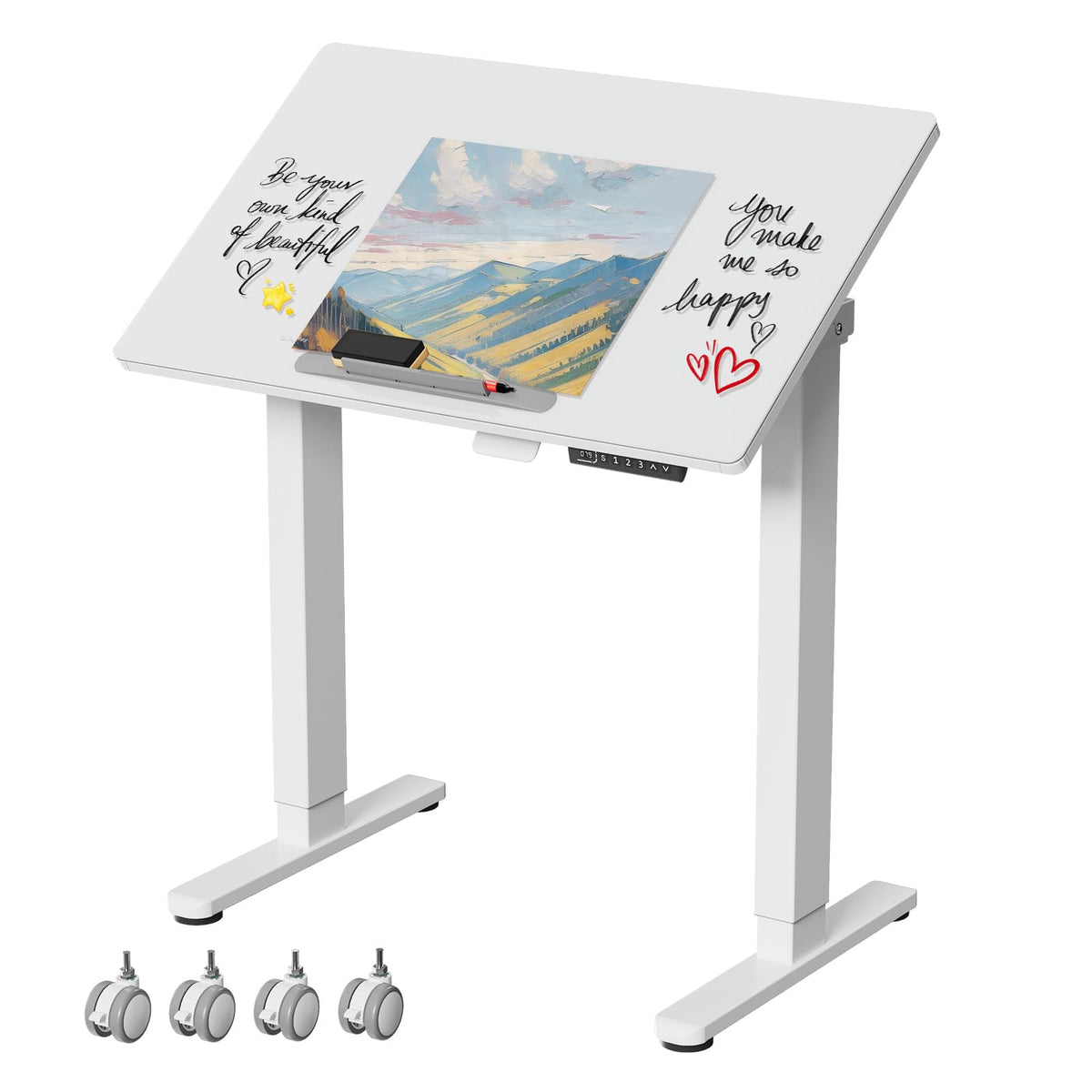 35" Glass Standing Desk, 90Â° Tilt Height Adjustable Drafting Table