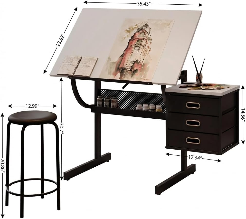 Adjustable Art Desk with Storage, 0-75Â° Tilting Drafting Table, 3 Drawers, Free Stool - Ideal for Diamond Painting, Architecture, Animation Projects (White)