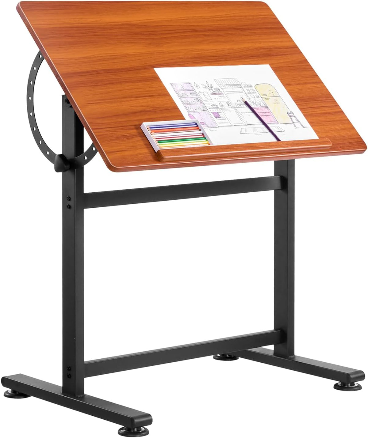VEVOR Drafting Table, Adjustable 0Â°â90Â° Tilt Drawing Desk, Portable Artist Table with Black H-Frame and Brown Desktop, Wooden Painting Desk Craft Workstation for Reading, Writing, Crafting, Meeting