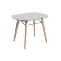 Moderne ovaalvormige eetkamertafel met houten poten en metalen verbindingsstukken