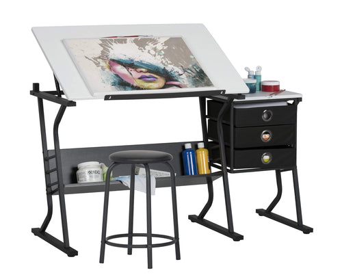 2 Piece Eclipse Ultra Center/Drawing Table with Stool, Angle Adjustable Top, Storage Shelves, and Drawers