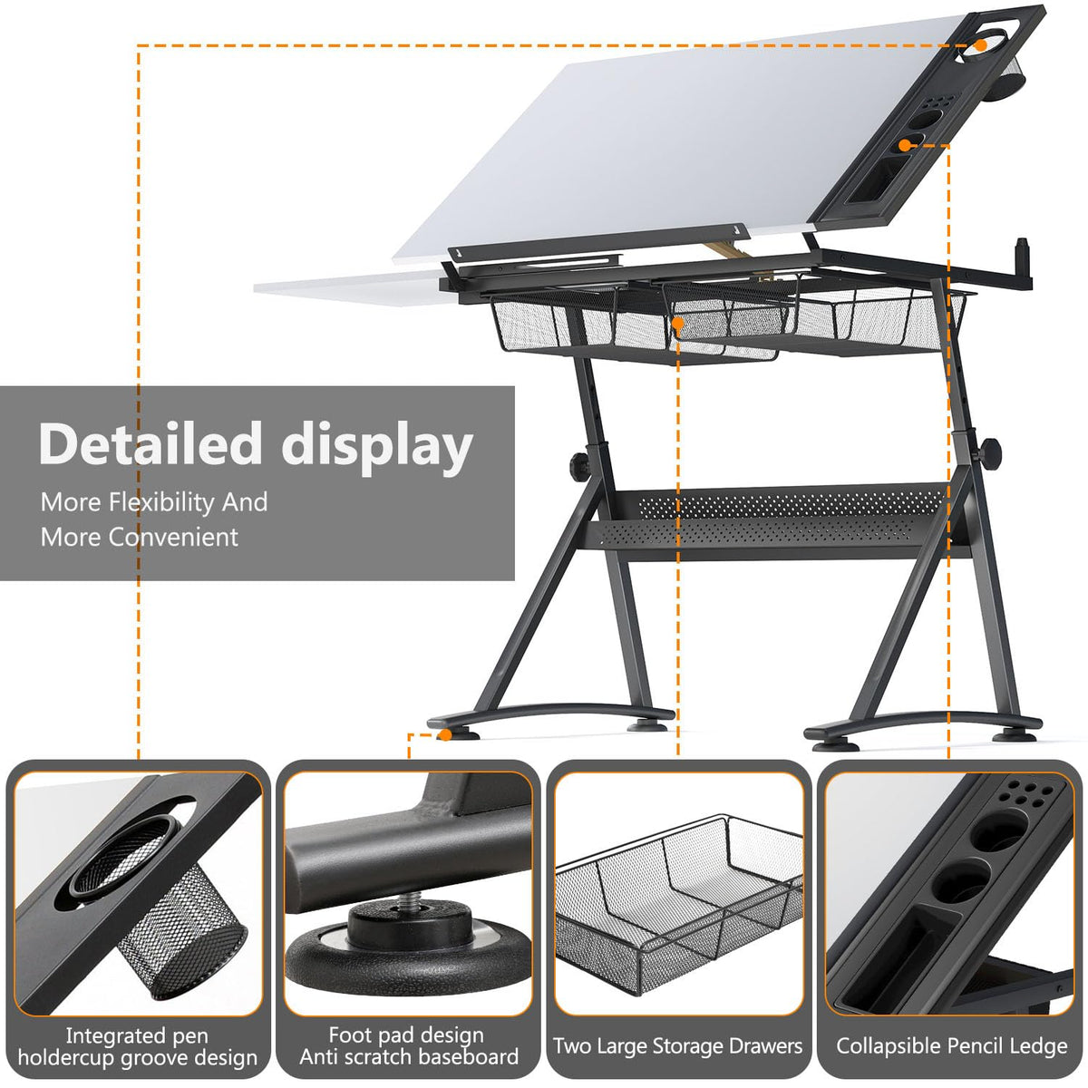 OS MOTOR Adjustable Height Drafting Table with Wood Top, Art Craft Desk with Slide-Out Drawers, Storage, for Drawing, Writing, Painting, and Creative Tasks, Ideal for Home Office, Natural