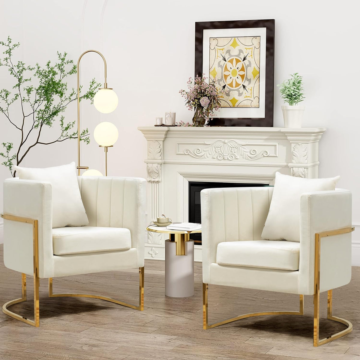 Velvet Accent Barrel Chairs Set of 2, Modern Arm Club Chair Set with Pillow for Living Room/Bedroom/Guest Reception, Channel Tufted, Gold Finish Base, Orange