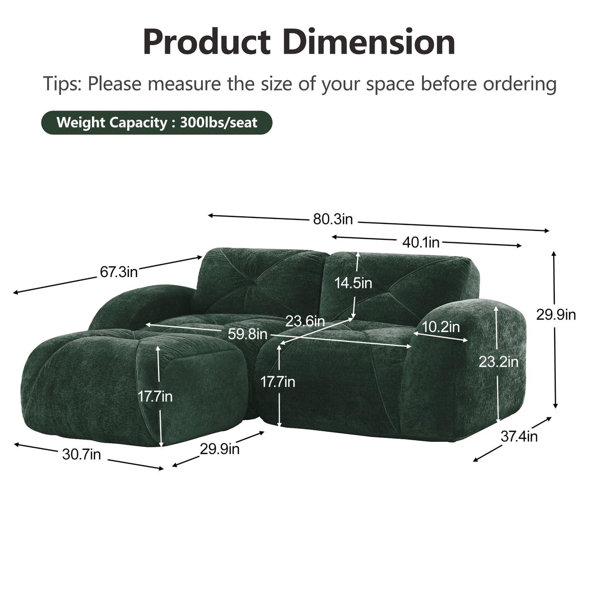 80" Sectional Modular Cloud Couch, Boneless Couch, Loveseat Red