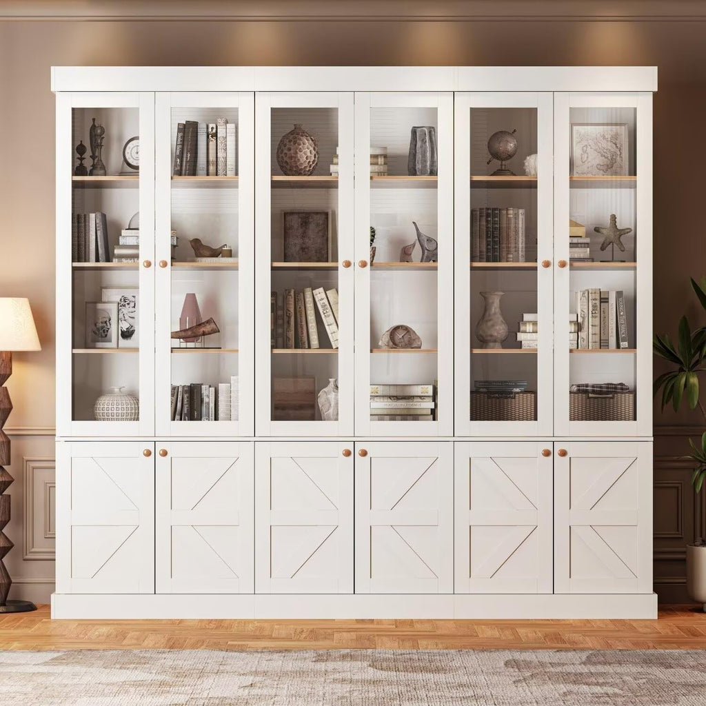 Vyre 71" Tall Farmhouse Bookshelves with Drawers, Set of 3 â Large Modular Bookcase with Adjustable Shelves, Storage Cabinet for Living Room, Kitchen, Home Office, Brown