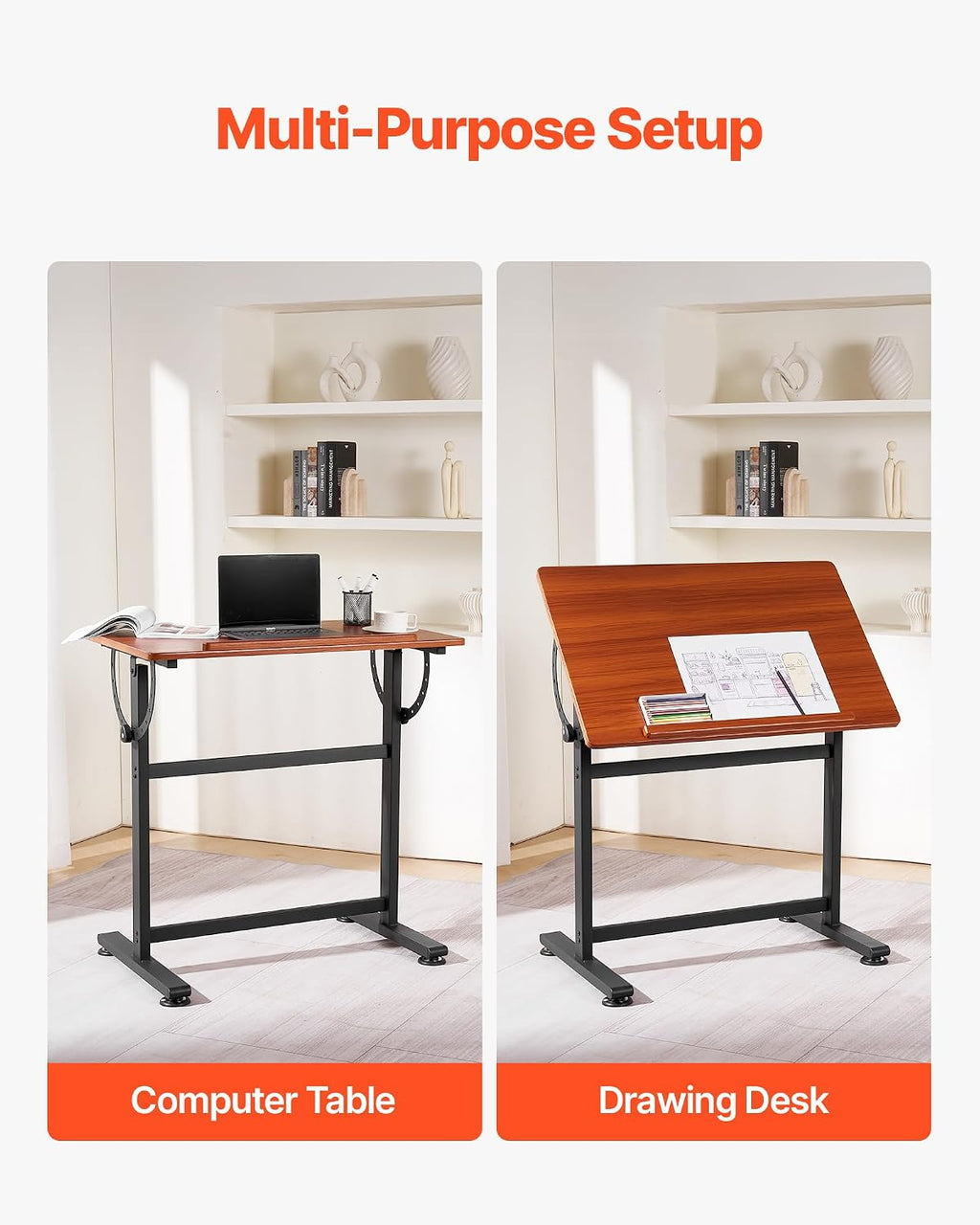 VEVOR Drafting Table, Adjustable 0Â°â90Â° Tilt Drawing Desk, Portable Artist Table with Black H-Frame and Brown Desktop, Wooden Painting Desk Craft Workstation for Reading, Writing, Crafting, Meeting
