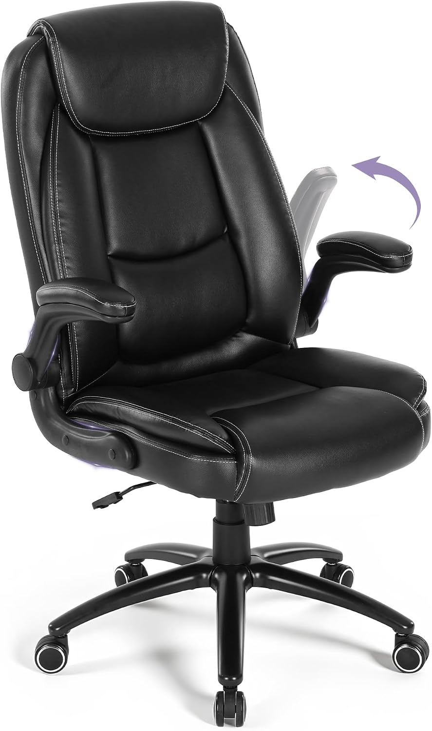 300lbs Capacity Executive Desk Chair with Ergonomic Lumbar Support, Flip-up Arms & High Back Leather Computer Chair for Home/Office, Black