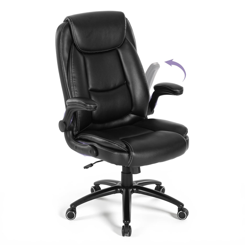 300lbs Capacity Executive Desk Chair with Ergonomic Lumbar Support, Flip-up Arms & High Back Leather Computer Chair for Home/Office, Black
