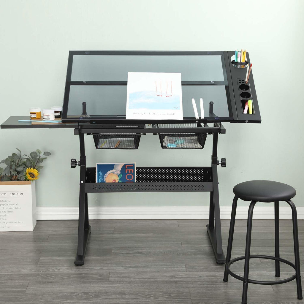 Drafting Table with Storage and Stool, Glass Art Desk for Adults Adjustable Height with 2 Metal Drawers, Craft Drawing Table Artist Desk with Extra Desktop for Reading/Writing/Studying (Black)
