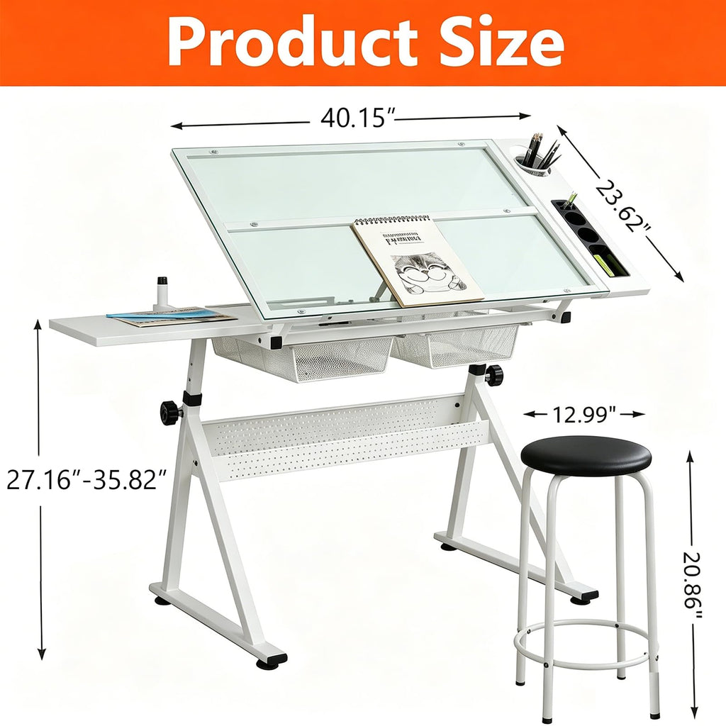 Drafting Table with 2 Metal Storage Drawers & Stool for Adult Teen, Red