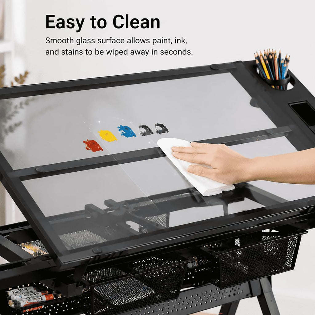 Adjustable Drafting Table with Chair, Tilting Tempered Glass Desk