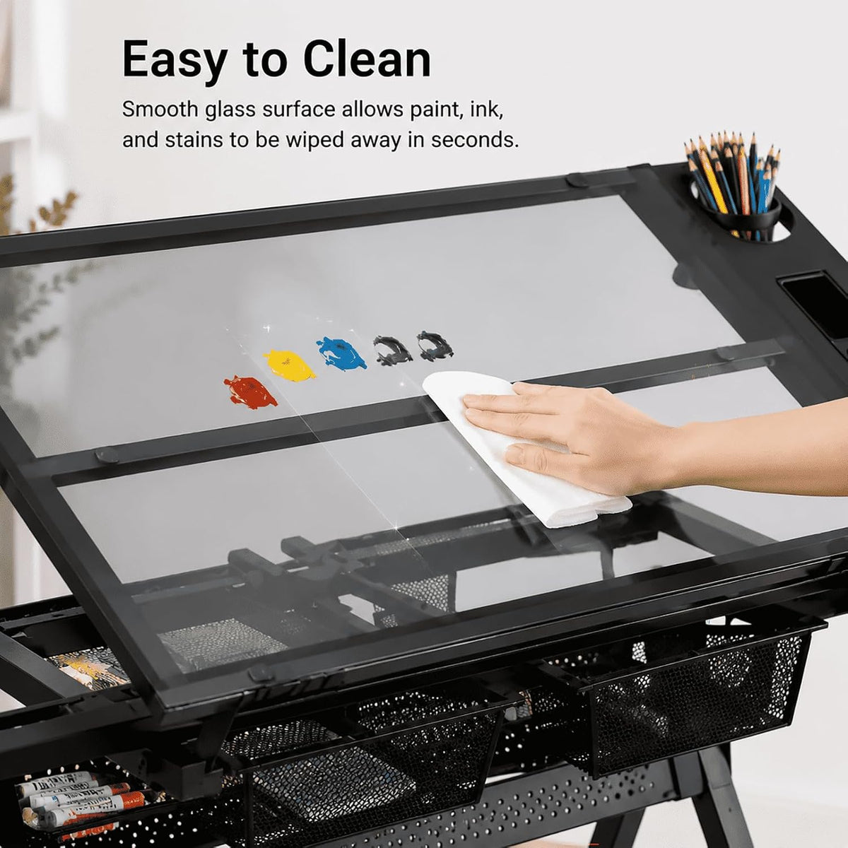 Adjustable Drafting Table with Chair, Tilting Tempered Glass Desk